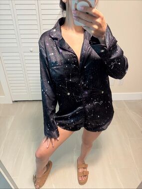 Galaxy Star Satin Pajama Set - Women's Button-Up Top & Shorts